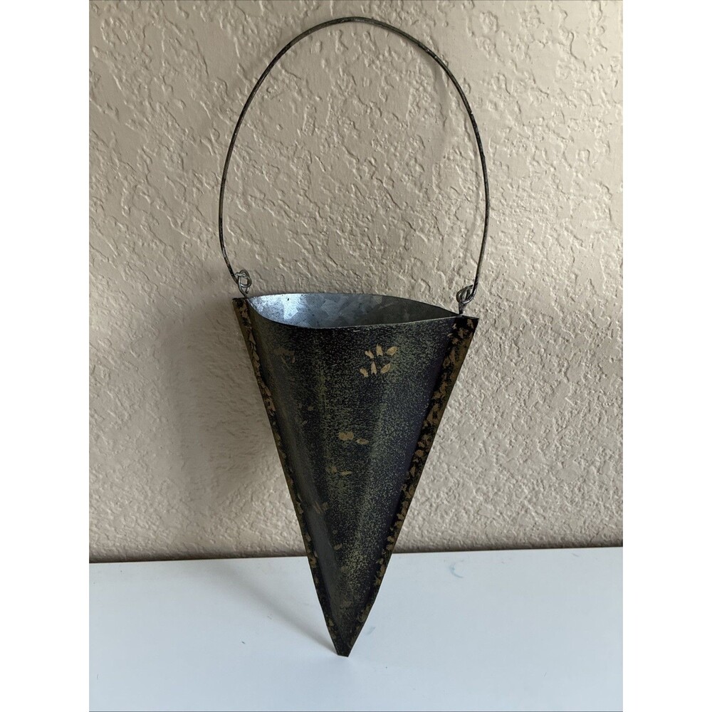 Vintage Metal Floral Hanging Cone Wall Decor Hand Painted Cottage Garden